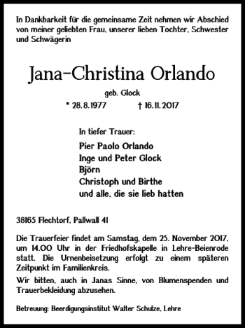 Traueranzeige von Jana-Christina Orlando von Braunschweiger Zeitung
