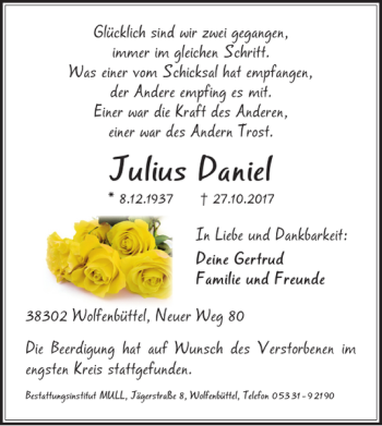 Traueranzeige von Julius Daniel von Wolfenbütteler Zeitung