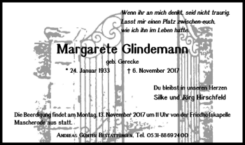 Traueranzeige von Margarete Glindemann von Braunschweiger Zeitung