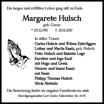 Traueranzeige von Margarete Hulsch von Braunschweiger Zeitung
