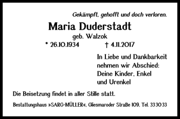 Traueranzeige von Maria Duderstadt von Braunschweiger Zeitung