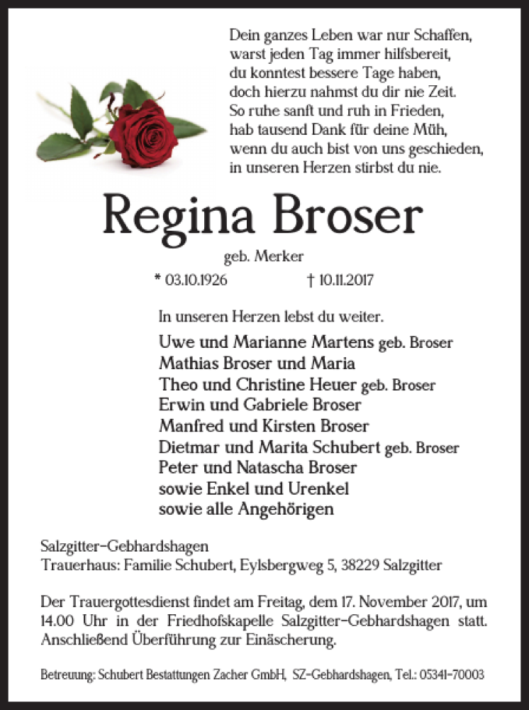  Traueranzeige für Regina Broser vom 14.11.2017 aus Salzgitter Zeitung
