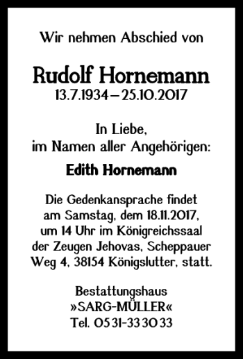 Traueranzeige von Rudolf Hornemann von Braunschweiger Zeitung