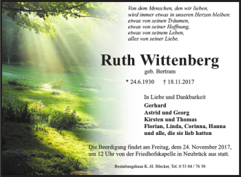 Traueranzeige von Ruth Wittenberg von Braunschweiger Zeitung