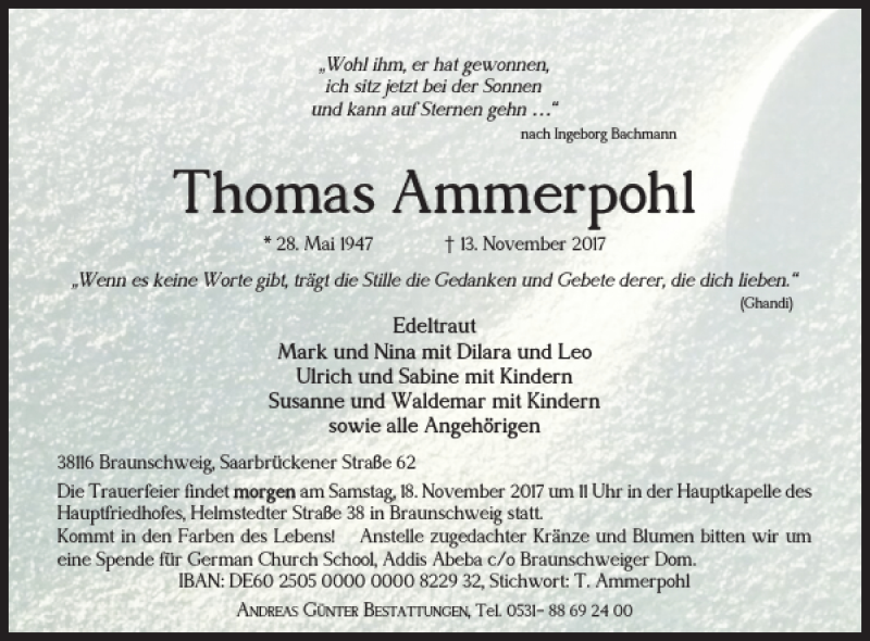  Traueranzeige für Thomas Ammerpohl vom 17.11.2017 aus Braunschweiger Zeitung