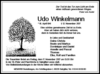 Traueranzeige von Udo Winkelmann von Braunschweiger Zeitung
