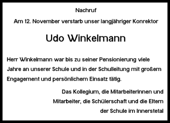Traueranzeige von Udo Winkelmann von Salzgitter Zeitung