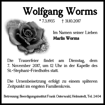 Traueranzeige von Wolfgang Worms von Helmstedter Nachrichten