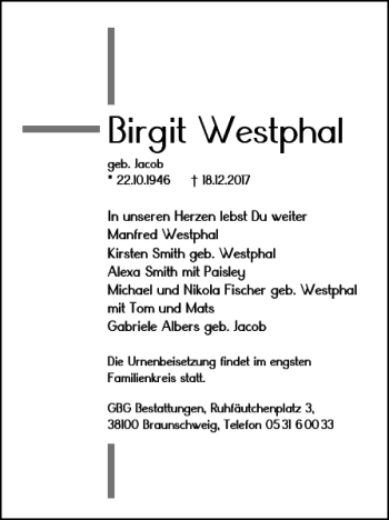 Traueranzeige von Birgit Westphal von Braunschweiger Zeitung