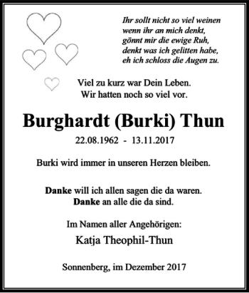 Traueranzeige von Burghardt Burki Thun von Braunschweiger Zeitung