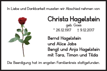 Traueranzeige von Christa Hagelstein von Wolfenbütteler Zeitung