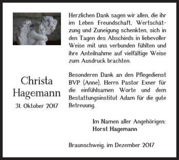Traueranzeige von Christa Hagemann von Braunschweiger Zeitung