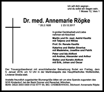 Traueranzeige von Dr. med. Annemarie Röpke von Wolfenbütteler Zeitung