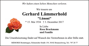 Traueranzeige von Gerhard Lämmerhold von Braunschweiger Zeitung