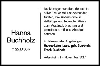 Traueranzeige von Hanna Buchholz von Wolfenbütteler Zeitung