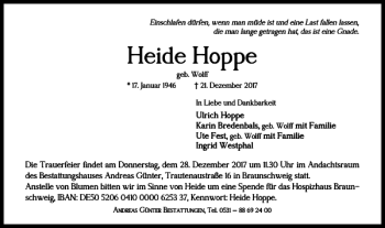 Traueranzeige von Heide Hoppe von Braunschweiger Zeitung
