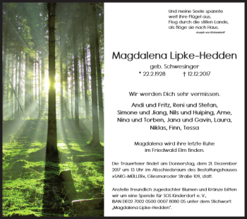 Traueranzeige von Magdalena Lipke-Hedden von Braunschweiger Zeitung