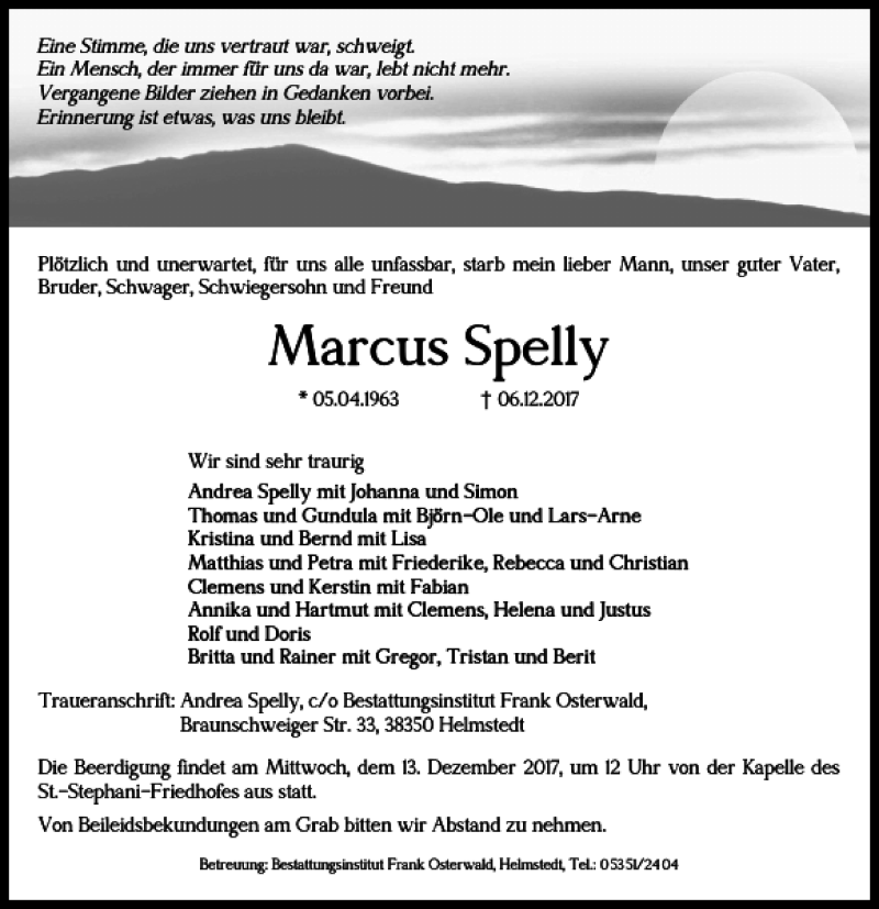  Traueranzeige für Marcus Spelly vom 09.12.2017 aus Helmstedter Nachrichten
