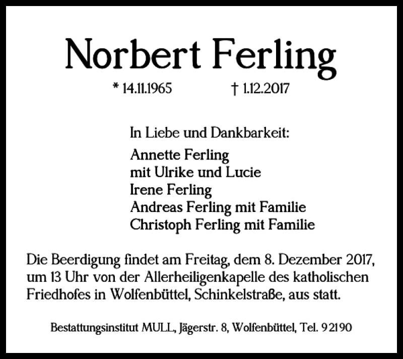  Traueranzeige für Norbert Ferling vom 05.12.2017 aus Wolfenbütteler Zeitung