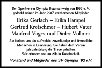 Traueranzeige von Verstorbene Mitglieder des Sportvereins Olympia Braunschweig  von Braunschweiger Zeitung