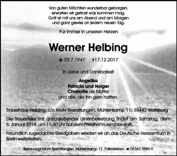 Traueranzeige von Werner Helbing von Wolfsburger Nachrichten
