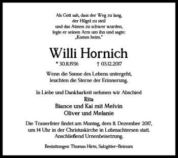 Traueranzeige von Willi Hornich von Salzgitter Zeitung