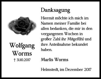 Traueranzeige von Wolfgang Worms von Helmstedter Nachrichten