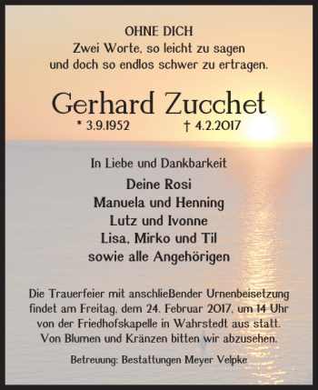 Traueranzeige von Gerhard Zucchet von Wolfsburger Nachrichten