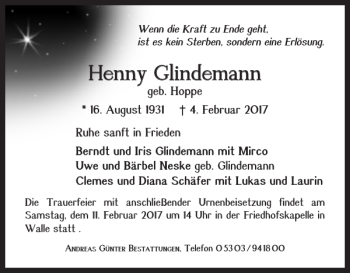 Traueranzeige von Henny Glindemann von Braunschweiger Zeitung