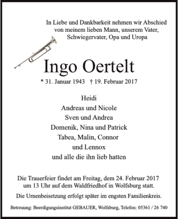 Traueranzeige von Ingo Oertelt von Wolfsburger Nachrichten