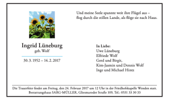 Traueranzeige von Ingrid Lüneburg von Braunschweiger Zeitung