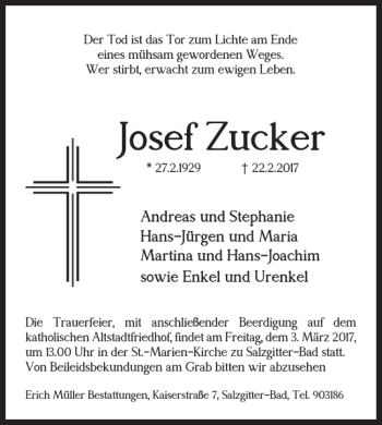 Traueranzeige von Josef Zucker von Salzgitter Zeitung