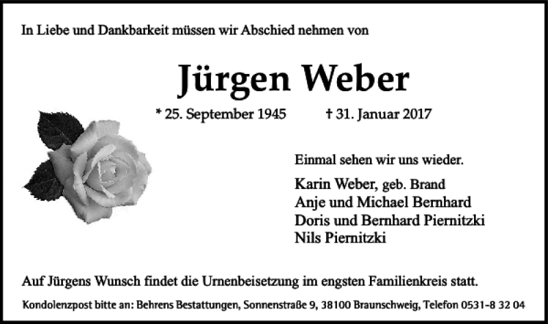  Traueranzeige für Jürgen Weber vom 04.02.2017 aus Braunschweiger Zeitung
