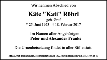 Traueranzeige von Käte Kati Röhrl von Braunschweiger Zeitung