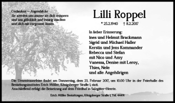 Traueranzeige von Lilli Roppel von Salzgitter Zeitung