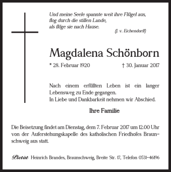 Traueranzeige von Magdalena Schönborn von Braunschweiger Zeitung