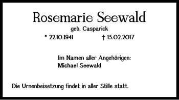 Traueranzeige von Rosemarie Seewald von Salzgitter Zeitung