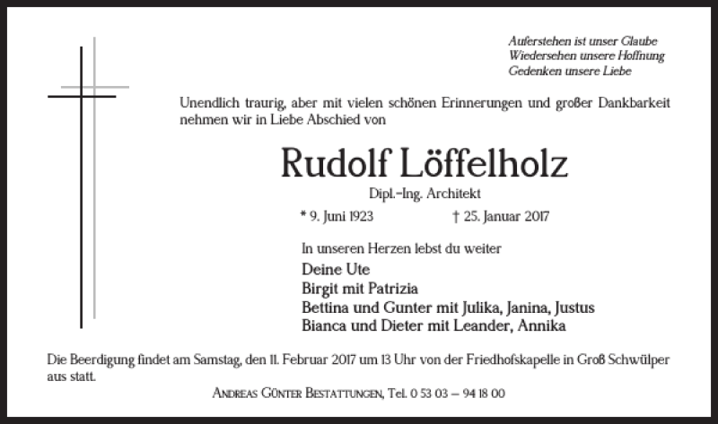  Traueranzeige für Rudolf Löffelholz vom 04.02.2017 aus Braunschweiger Zeitung