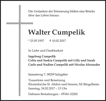 Traueranzeige von Walter Cumpelik von Salzgitter Zeitung