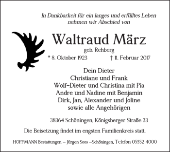 Traueranzeige von Waltraud März von Helmstedter Nachrichten