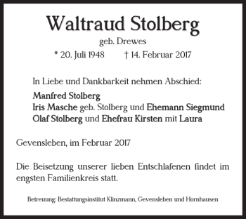 Traueranzeige von Waltraud Stolberg von Helmstedter Nachrichten