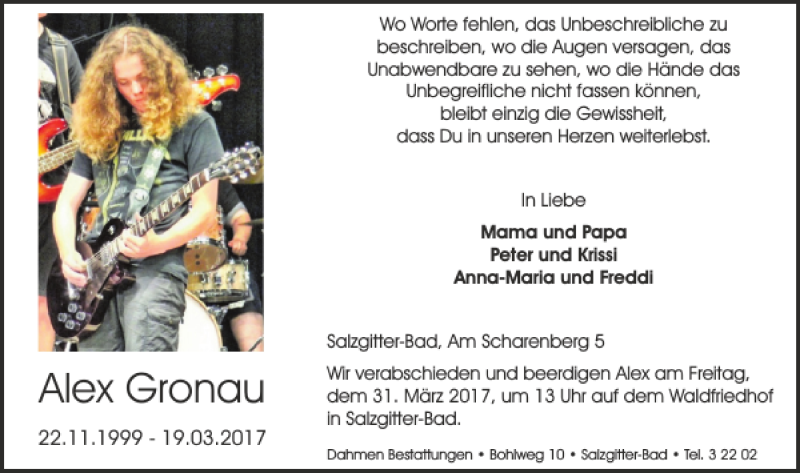  Traueranzeige für Alex Gronau vom 27.03.2017 aus Salzgitter Zeitung