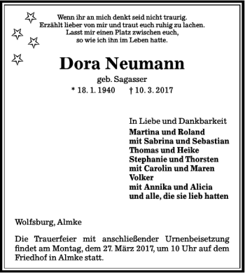 Traueranzeige von Dora Neumann von Wolfsburger Nachrichten