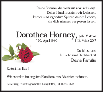 Traueranzeige von Dorothea Horney von Helmstedter Nachrichten
