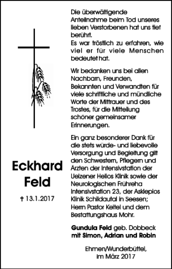 Traueranzeige von Eckhard Feld von Wolfsburger Nachrichten