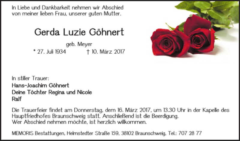  Traueranzeige für Gerda Luzie Göhnert vom 14.03.2017 aus Braunschweiger Zeitung