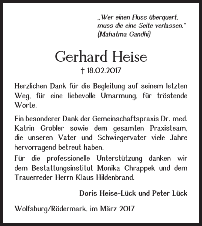 Traueranzeigen von Gerhard Heise trauer38.de