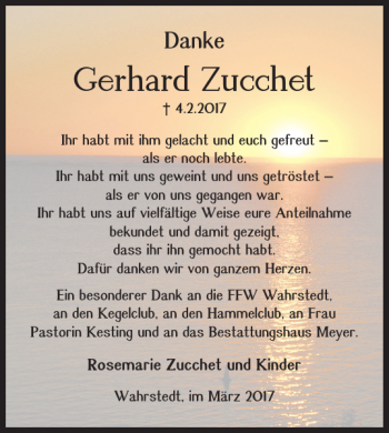 Traueranzeige von Gerhard Zucchet von Wolfsburger Nachrichten