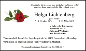 Traueranzeige von Helga Lichtenberg von Braunschweiger Zeitung