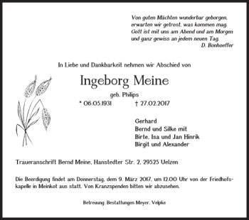 Traueranzeige von Ingeborg Meine von Helmstedter Nachrichten